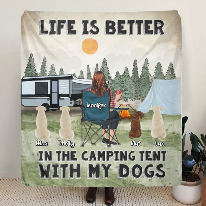 Personalized Camping Quilt/Fleece Throw Blanket/Pillow Cover - Gift Idea For Girl & Dogs - Up to 4 Dogs - Life Is Better In The Camping Tent With My Dogs