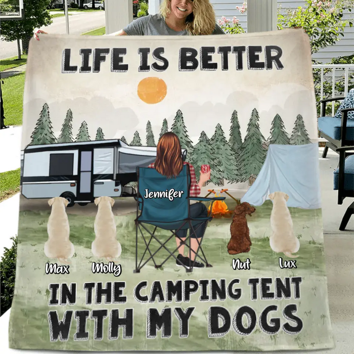 Personalized Camping Quilt/Fleece Throw Blanket/Pillow Cover - Gift Idea For Girl & Dogs - Up to 4 Dogs - Life Is Better In The Camping Tent With My Dogs