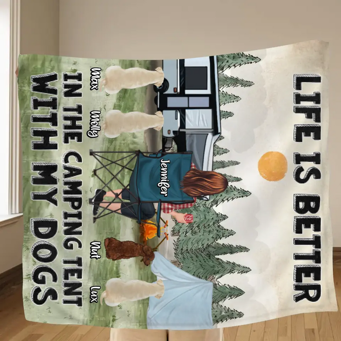Personalized Camping Quilt/Fleece Throw Blanket/Pillow Cover - Gift Idea For Girl & Dogs - Up to 4 Dogs - Life Is Better In The Camping Tent With My Dogs