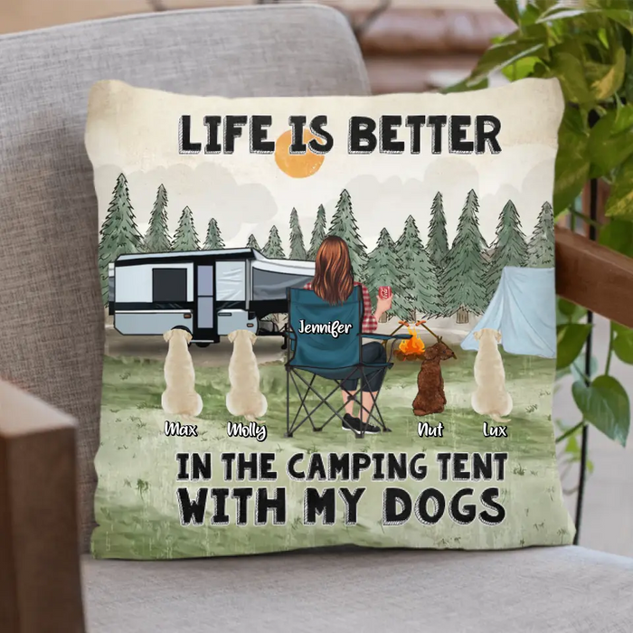 Personalized Camping Quilt/Fleece Throw Blanket/Pillow Cover - Gift Idea For Girl & Dogs - Up to 4 Dogs - Life Is Better In The Camping Tent With My Dogs