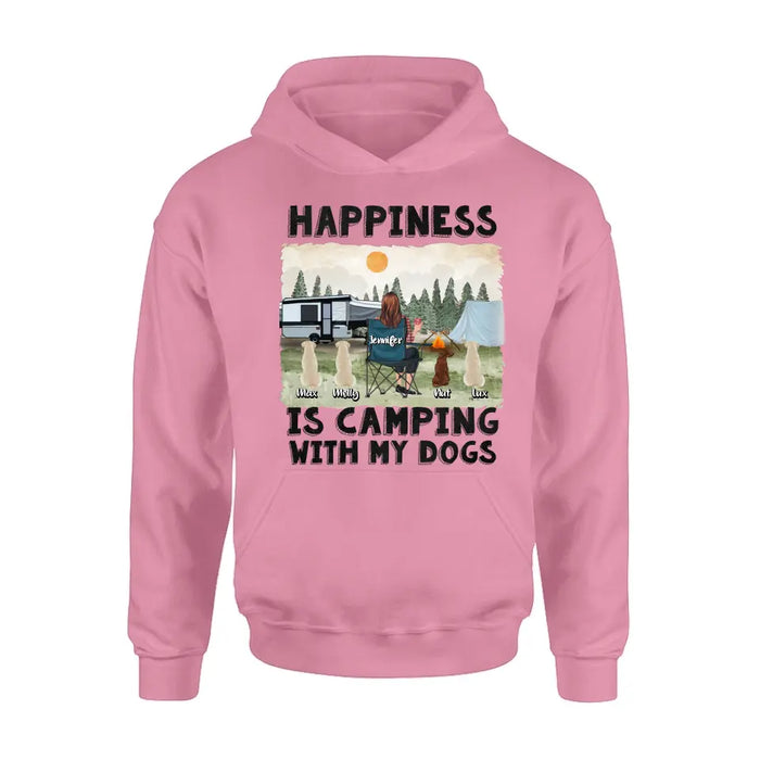 Personalized Camping Shirt/Hoodie - Gift Idea For Girl & Dogs - Up to 4 Dogs - Happiness Is Camping With My Dogs