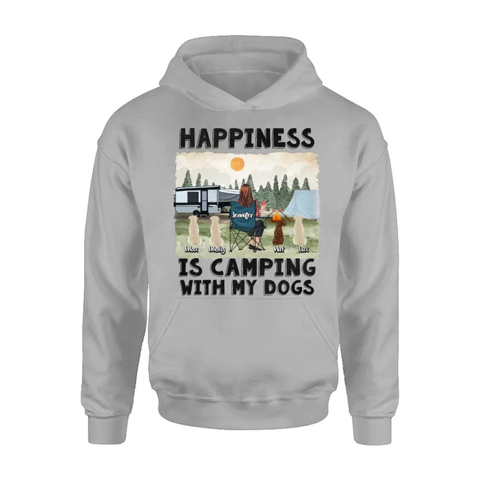 Personalized Camping Shirt/Hoodie - Gift Idea For Girl & Dogs - Up to 4 Dogs - Happiness Is Camping With My Dogs