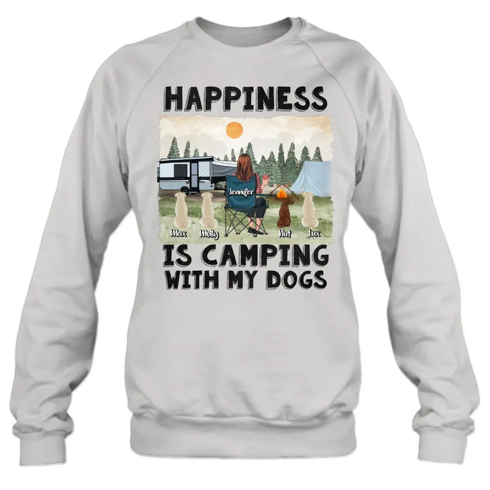 Personalized Camping Shirt/Hoodie - Gift Idea For Girl & Dogs - Up to 4 Dogs - Happiness Is Camping With My Dogs