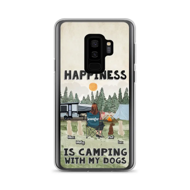 Personalized Camping Phone Case - Gift Idea For Girl & Dogs - Up to 4 Dogs - Happiness Is Camping With My Dogs - Case For iPhone/Samsung