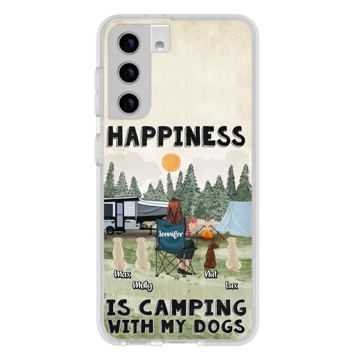 Personalized Camping Phone Case - Gift Idea For Girl & Dogs - Up to 4 Dogs - Happiness Is Camping With My Dogs - Case For iPhone/Samsung