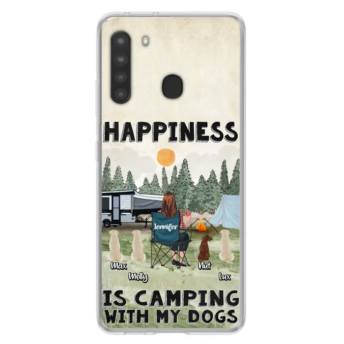 Personalized Camping Phone Case - Gift Idea For Girl & Dogs - Up to 4 Dogs - Happiness Is Camping With My Dogs - Case For iPhone/Samsung
