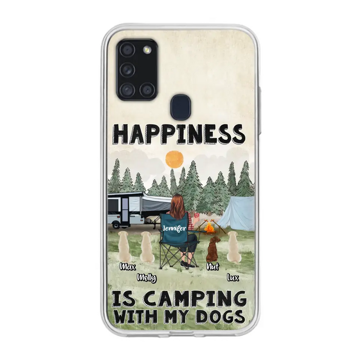 Personalized Camping Phone Case - Gift Idea For Girl & Dogs - Up to 4 Dogs - Happiness Is Camping With My Dogs - Case For iPhone/Samsung