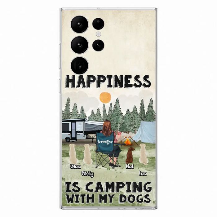 Personalized Camping Phone Case - Gift Idea For Girl & Dogs - Up to 4 Dogs - Happiness Is Camping With My Dogs - Case For iPhone/Samsung