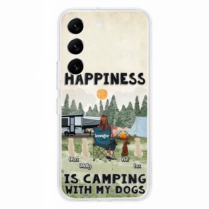 Personalized Camping Phone Case - Gift Idea For Girl & Dogs - Up to 4 Dogs - Happiness Is Camping With My Dogs - Case For iPhone/Samsung