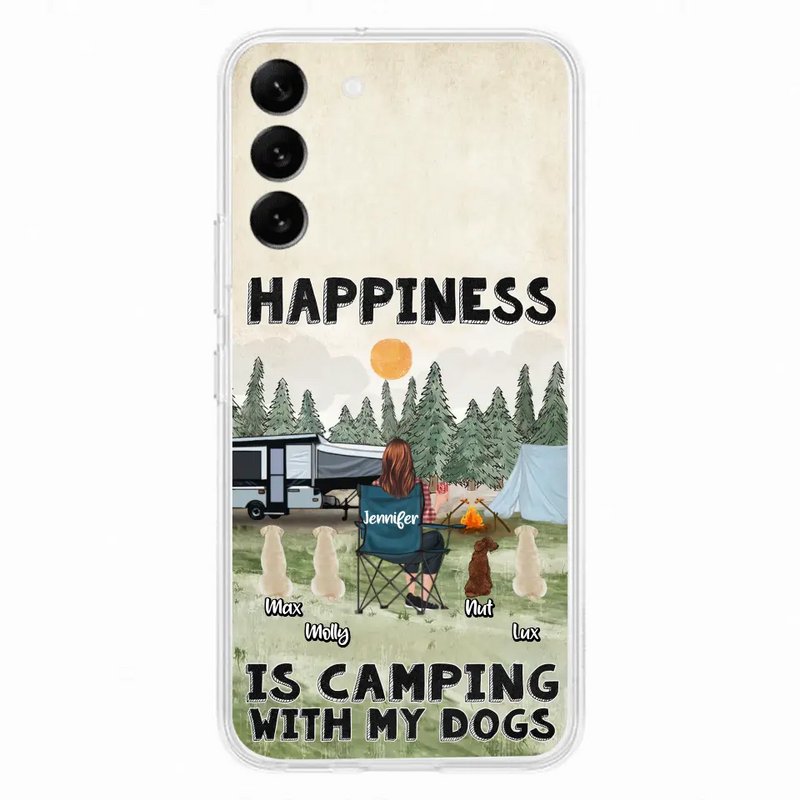 Personalized Camping Phone Case - Gift Idea For Girl & Dogs - Up to 4 Dogs - Happiness Is Camping With My Dogs - Case For iPhone/Samsung