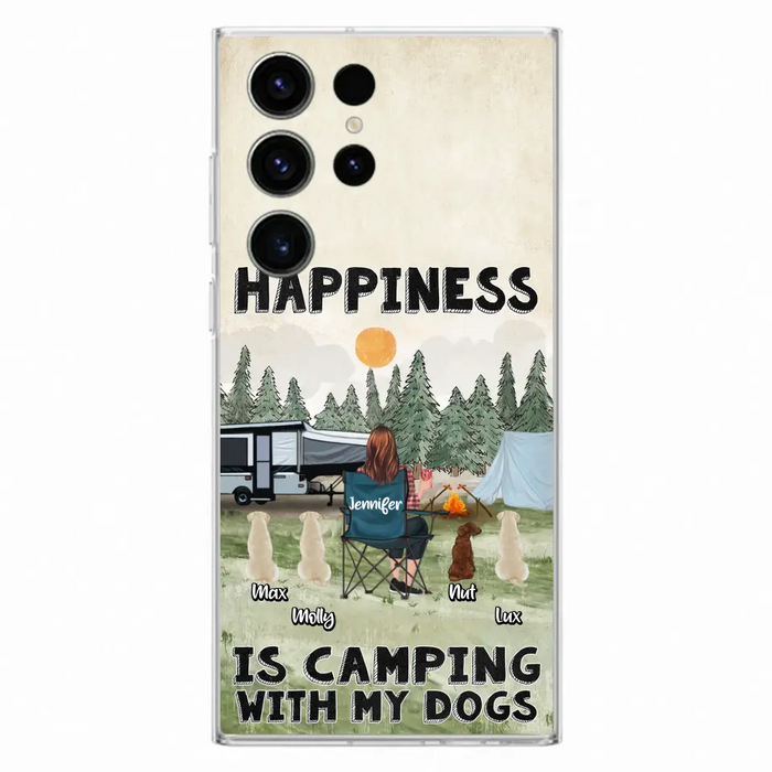 Personalized Camping Phone Case - Gift Idea For Girl & Dogs - Up to 4 Dogs - Happiness Is Camping With My Dogs - Case For iPhone/Samsung