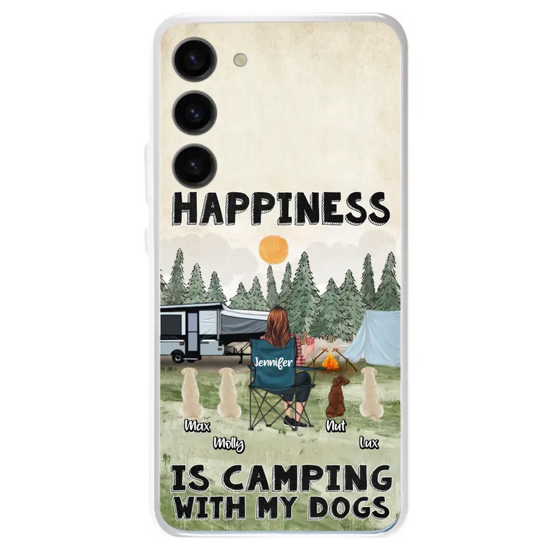 Personalized Camping Phone Case - Gift Idea For Girl & Dogs - Up to 4 Dogs - Happiness Is Camping With My Dogs - Case For iPhone/Samsung