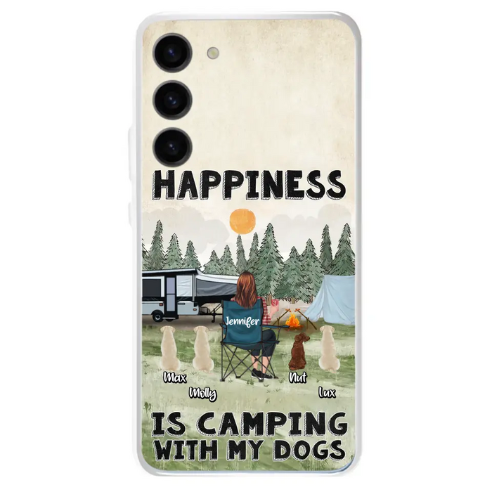 Personalized Camping Phone Case - Gift Idea For Girl & Dogs - Up to 4 Dogs - Happiness Is Camping With My Dogs - Case For iPhone/Samsung