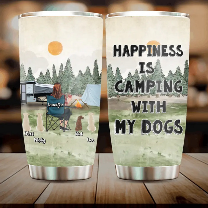 Personalized Camping Tumbler - Gift Idea For Girl & Dogs - Up to 4 Dogs - Happiness Is Camping With My Dogs
