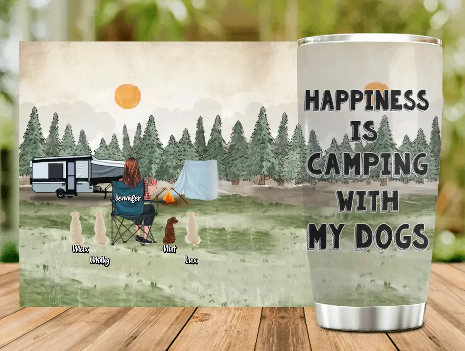 Personalized Camping Tumbler - Gift Idea For Girl & Dogs - Up to 4 Dogs - Happiness Is Camping With My Dogs