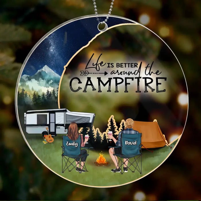 Personalized Moon Camping Circle Acrylic Ornament - Couple/Parents With Up to 2 Kids And 3 Pets - Christmas Gift Idea For Camping Lover/Family - Life Is Better Around The Campfire