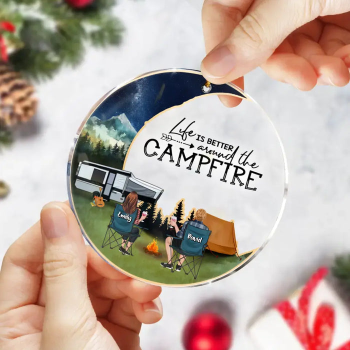 Personalized Moon Camping Circle Acrylic Ornament - Couple/Parents With Up to 2 Kids And 3 Pets - Christmas Gift Idea For Camping Lover/Family - Life Is Better Around The Campfire