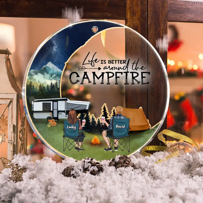 Personalized Moon Camping Circle Acrylic Ornament - Couple/Parents With Up to 2 Kids And 3 Pets - Christmas Gift Idea For Camping Lover/Family - Life Is Better Around The Campfire