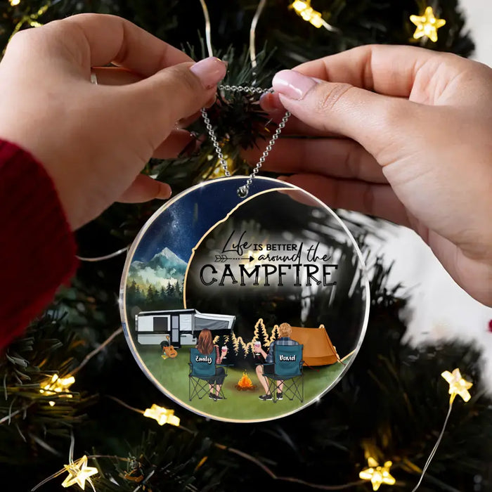 Personalized Moon Camping Circle Acrylic Ornament - Couple/Parents With Up to 2 Kids And 3 Pets - Christmas Gift Idea For Camping Lover/Family - Life Is Better Around The Campfire