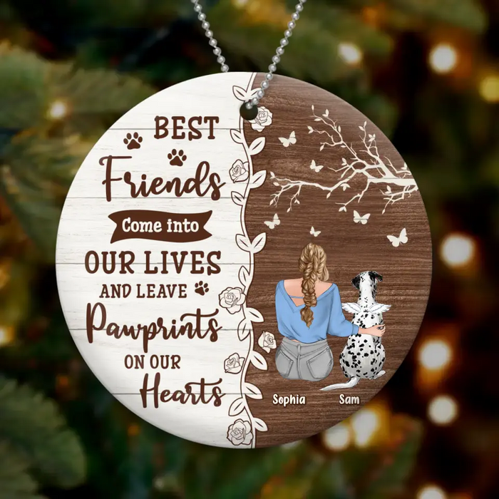 Personalized Memorial Dog Circle Wooden Ornament - Up to 3 Pets - Memorial Gift Idea For Dog/Cat Lover - Best Friends Come Into Our Lives And Leave Paw Prints On Our Hearts