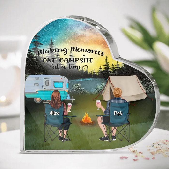 Personalized Camping Moon Heart-Shaped Acrylic Plaque - Adult/Couple/Parents With Up to 2 Kids And 3 Pets - Gift Idea For Camping Lover - Making Memories One Campsite At A Time