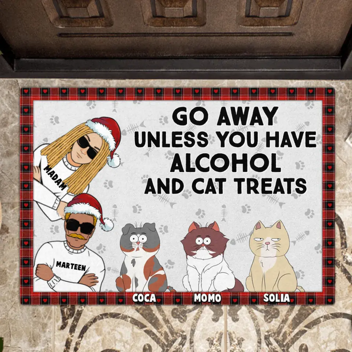 Personalized Couple Doormat - Up to 4 Cats - Gift Idea for Couple/Cat Owners - Go Away Unless You Have Alcohol And Cat Treats