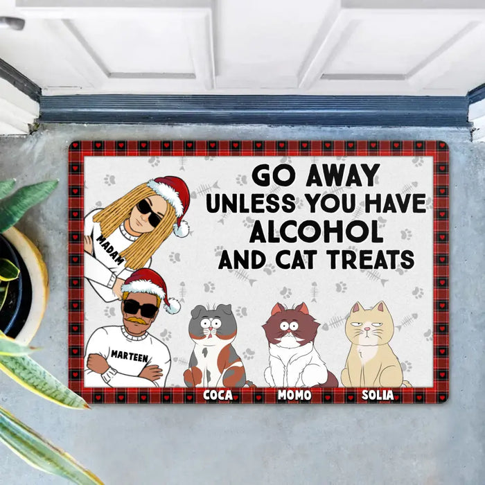 Personalized Couple Doormat - Up to 4 Cats - Gift Idea for Couple/Cat Owners - Go Away Unless You Have Alcohol And Cat Treats