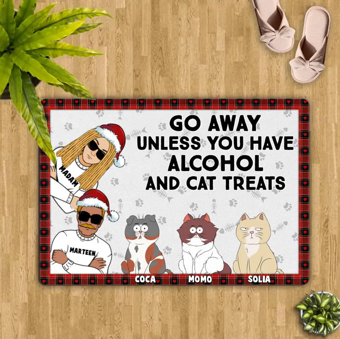 Personalized Couple Doormat - Up to 4 Cats - Gift Idea for Couple/Cat Owners - Go Away Unless You Have Alcohol And Cat Treats