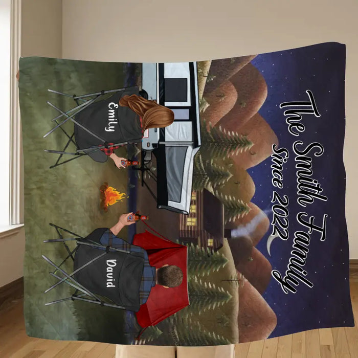 Custom Camping Quilt/Fleece Throw Blanket - Gift Idea For Couple, Camping Lovers, Family - Up to 3 Kids, 3 Pets - The Smith Family