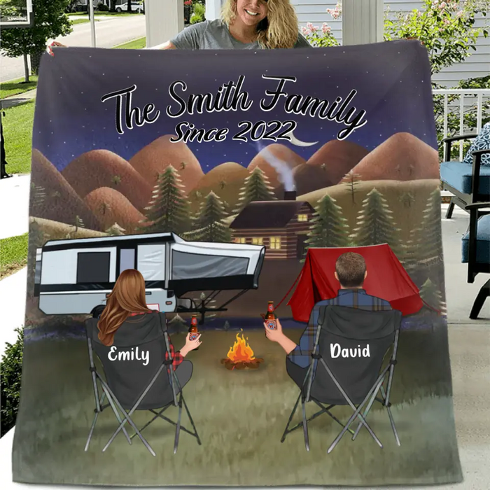 Custom Camping Quilt/Fleece Throw Blanket - Gift Idea For Couple, Camping Lovers, Family - Up to 3 Kids, 3 Pets - The Smith Family