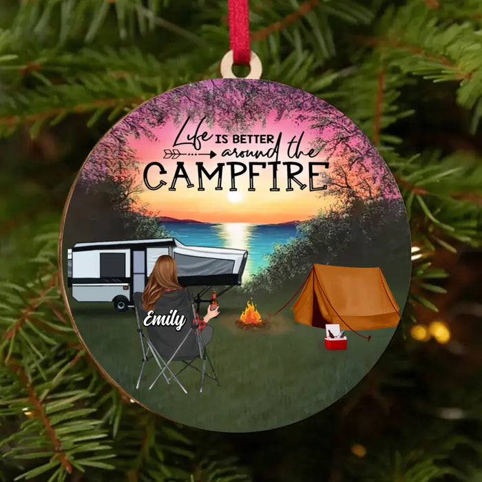 Personalized Camping Circle Wooden Ornament - Up to 3 Children And 4 Pets - Gift Idea For Camping Lovers - Life Is Better Around The Campfire