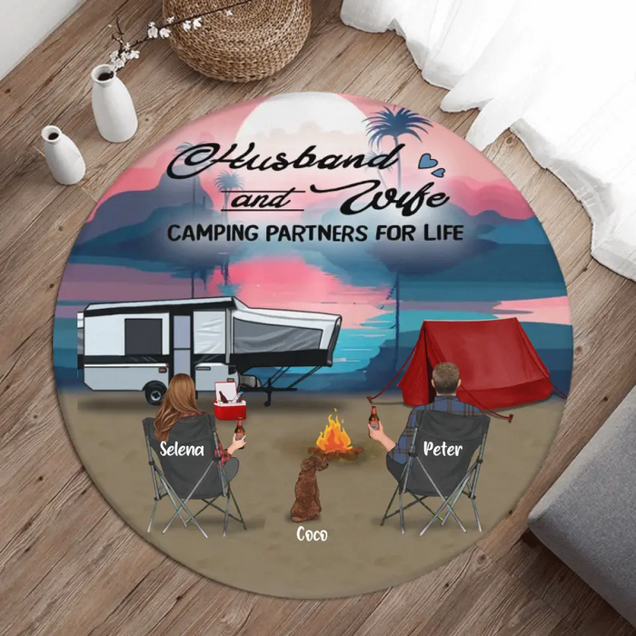 Personalized Camping Round Rug - Single Parents/Couple With Up to 4 Kids And 4 Pets - Gift Idea For Camping Lovers - Husband And Wife Camping Partners For Life