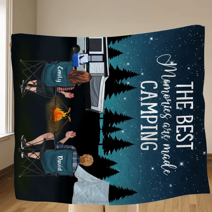 Personalized Camping Quilt/Fleece Throw Blanket - Gift Idea For Couple, Camping Lovers, Family - Up to 5 Kids, 4 Pets - The Best Memories Are Made Camping