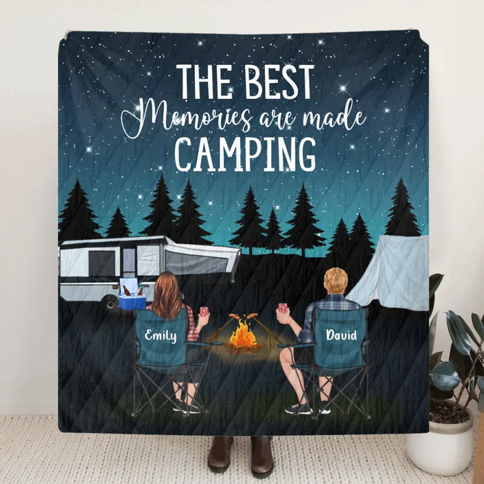 Personalized Camping Quilt/Fleece Throw Blanket - Gift Idea For Couple, Camping Lovers, Family - Up to 5 Kids, 4 Pets - The Best Memories Are Made Camping