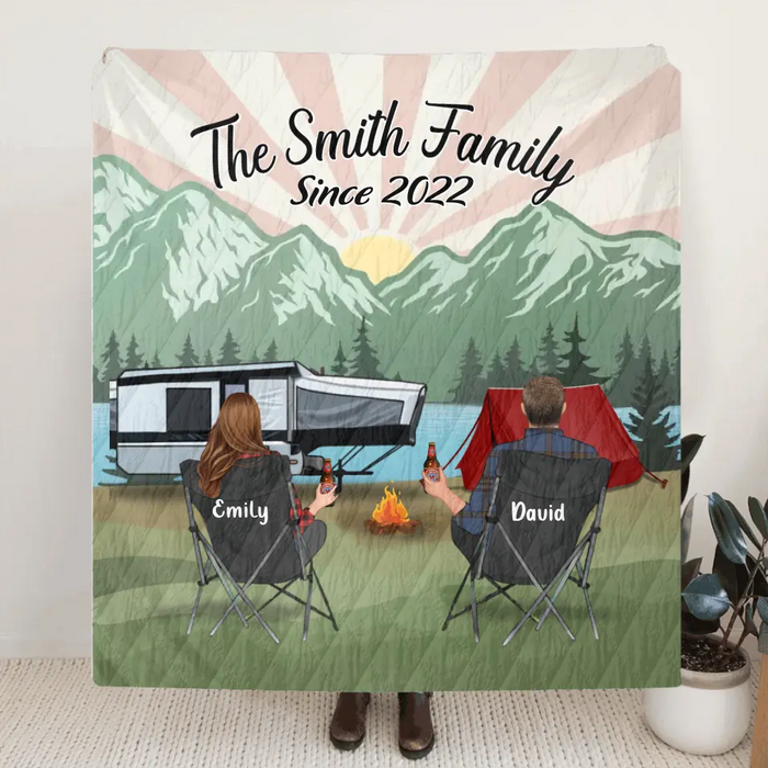 Custom Camping Quilt/Fleece Throw Blanket - Gift Idea For Couple, Camping Lovers, Family - Up to 3 Kids, 3 Pets - The Smith Family Since 2022
