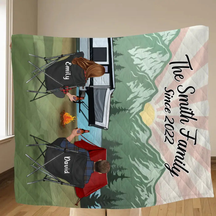 Custom Camping Quilt/Fleece Throw Blanket - Gift Idea For Couple, Camping Lovers, Family - Up to 3 Kids, 3 Pets - The Smith Family Since 2022