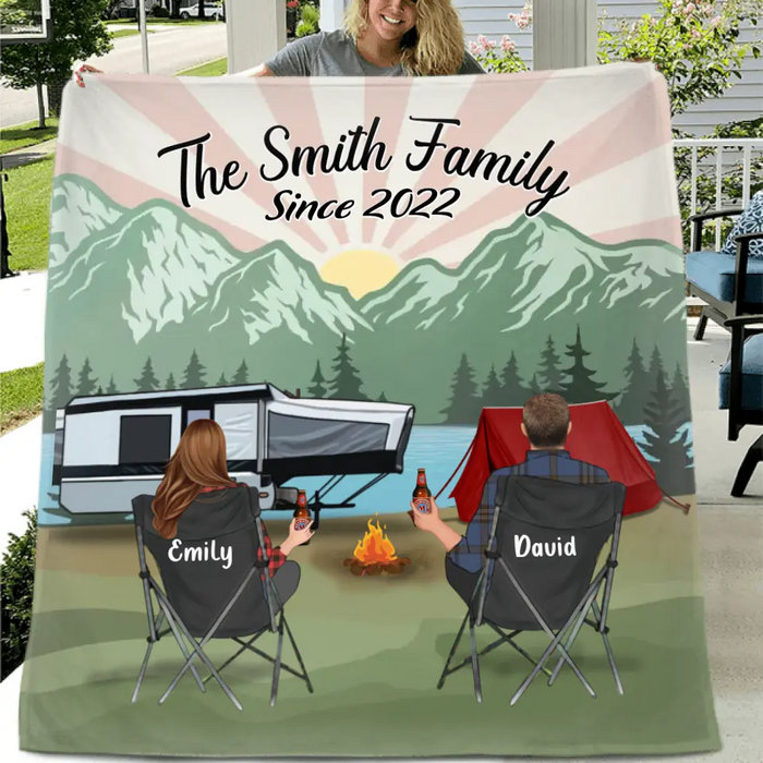 Custom Camping Quilt/Fleece Throw Blanket - Gift Idea For Couple, Camping Lovers, Family - Up to 3 Kids, 3 Pets - The Smith Family Since 2022