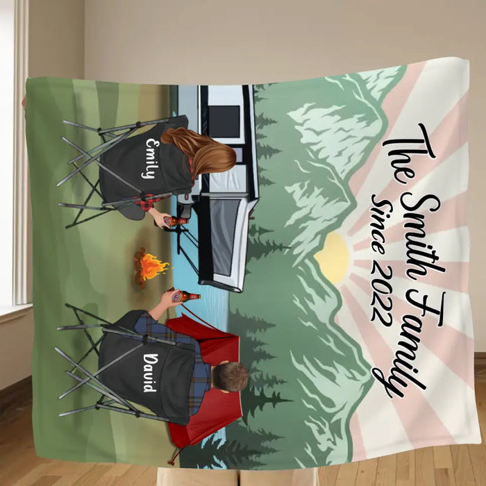 Custom Camping Quilt/Fleece Throw Blanket - Gift Idea For Couple, Camping Lovers, Family - Up to 3 Kids, 3 Pets - The Smith Family Since 2022