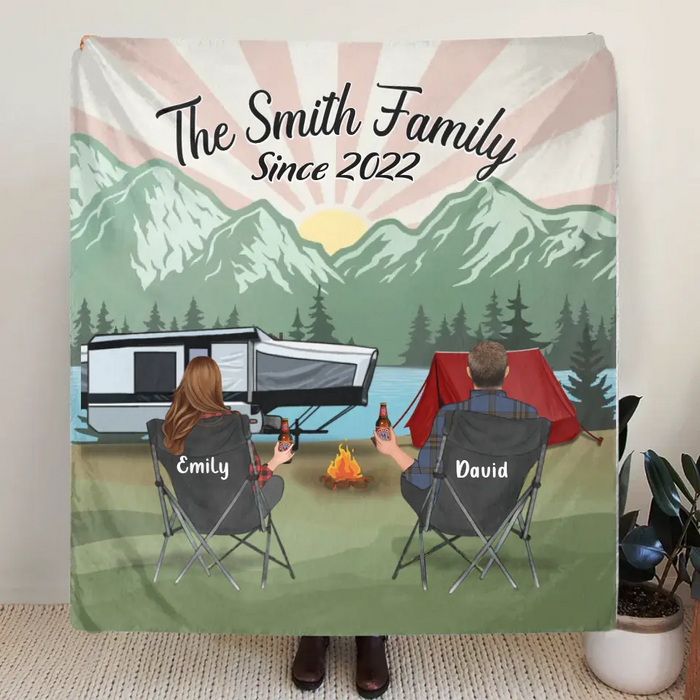 Custom Camping Quilt/Fleece Throw Blanket - Gift Idea For Couple, Camping Lovers, Family - Up to 3 Kids, 3 Pets - The Smith Family Since 2022