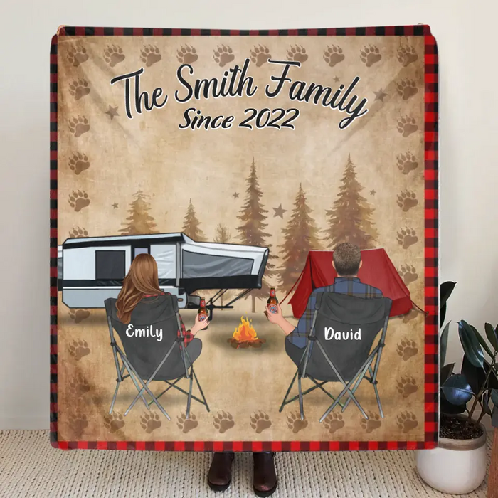 Custom Camping Quilt/Fleece Throw Blanket - Gift Idea For Couple, Camping Lovers, Family - Up to 3 Kids, 3 Pets