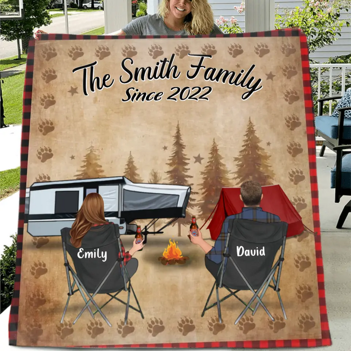 Custom Camping Quilt/Fleece Throw Blanket - Gift Idea For Couple, Camping Lovers, Family - Up to 3 Kids, 3 Pets