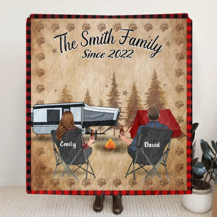 Custom Camping Quilt/Fleece Throw Blanket - Gift Idea For Couple, Camping Lovers, Family - Up to 3 Kids, 3 Pets