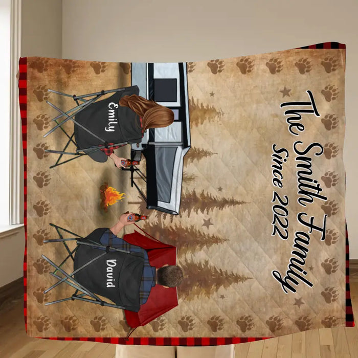 Custom Camping Quilt/Fleece Throw Blanket - Gift Idea For Couple, Camping Lovers, Family - Up to 3 Kids, 3 Pets