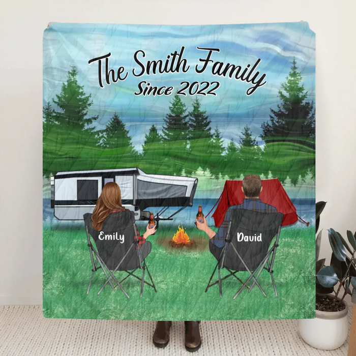 Personalized Camping Quilt/Fleece Throw Blanket - Gift Idea For Couple, Camping Lovers, Family - Up to 3 Kids, 3 Pets