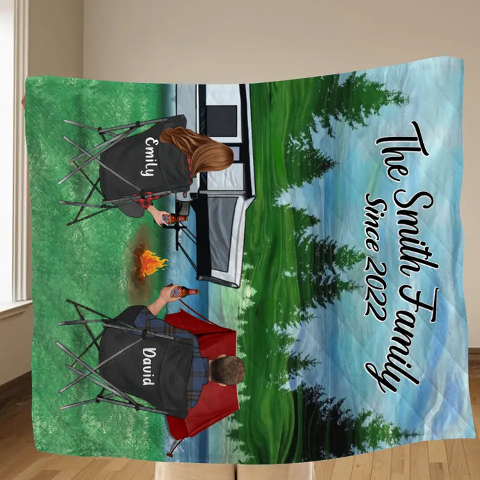 Personalized Camping Quilt/Fleece Throw Blanket - Gift Idea For Couple, Camping Lovers, Family - Up to 3 Kids, 3 Pets