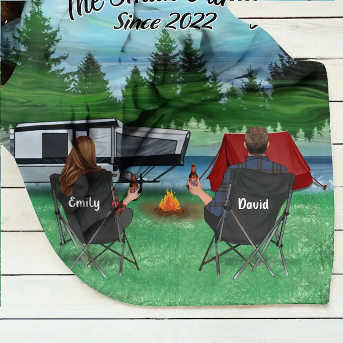 Personalized Camping Quilt/Fleece Throw Blanket - Gift Idea For Couple, Camping Lovers, Family - Up to 3 Kids, 3 Pets