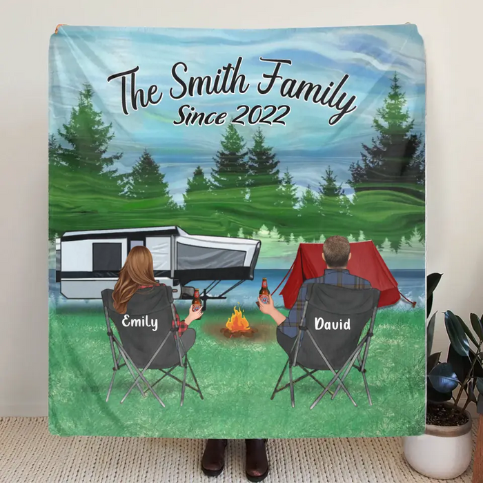 Personalized Camping Quilt/Fleece Throw Blanket - Gift Idea For Couple, Camping Lovers, Family - Up to 3 Kids, 3 Pets