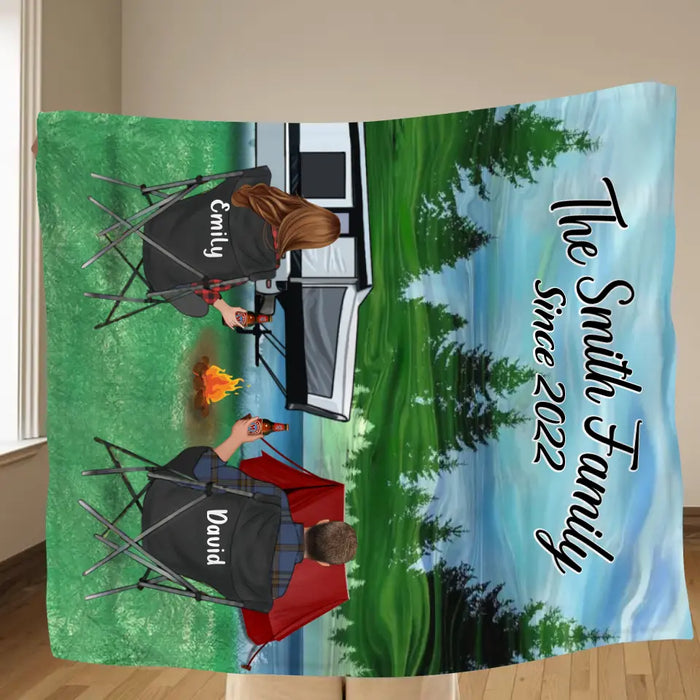 Personalized Camping Quilt/Fleece Throw Blanket - Gift Idea For Couple, Camping Lovers, Family - Up to 3 Kids, 3 Pets