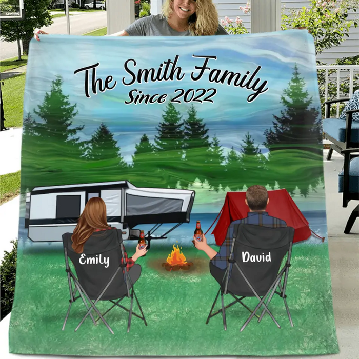 Personalized Camping Quilt/Fleece Throw Blanket - Gift Idea For Couple, Camping Lovers, Family - Up to 3 Kids, 3 Pets