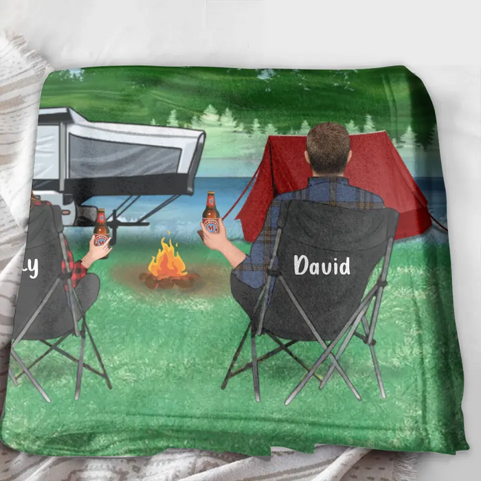 Personalized Camping Quilt/Fleece Throw Blanket - Gift Idea For Couple, Camping Lovers, Family - Up to 3 Kids, 3 Pets